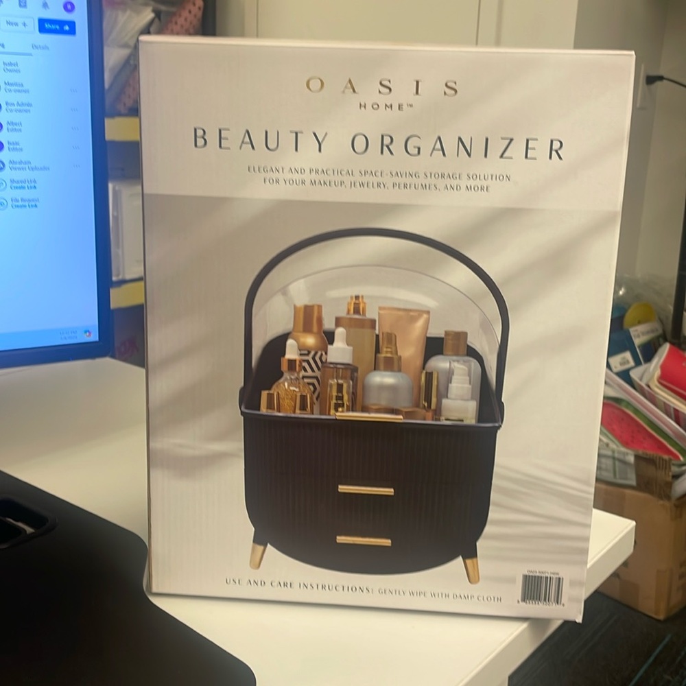 A beauty organizer can hold makeup jewelry perfumes etc